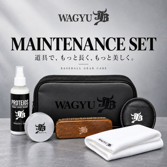和牛JBのグラブメンテナンスセット。プロティオス1本、WAGYU OIL 1個、ムートン1個、JBブラシ1本、メンテナンスタオル1枚、PVCマチ付ポーチ1個が含まれるグラブお手入れ用品6点セット