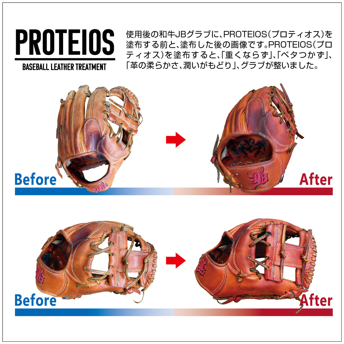 WAGYU JB PROTEIOS（プロティオス）を使用したグラブのお手入れ前後の変化を比較したビフォーアフターPOP