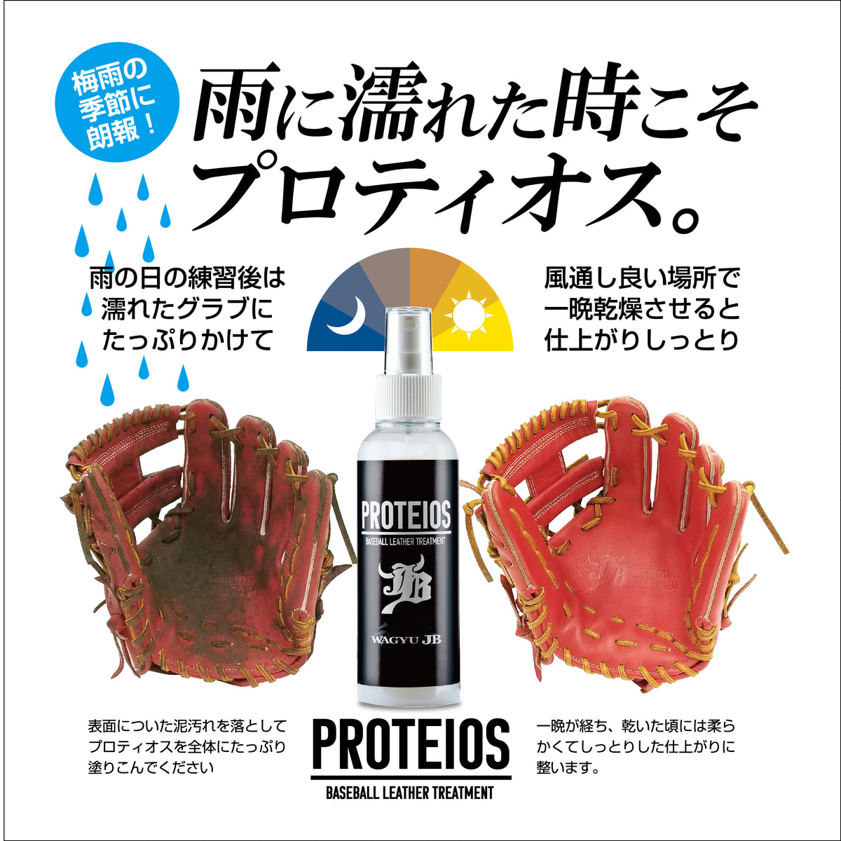 WAGYU JB PROTEIOS（プロティオス）雨の日のグラブのお手入れにおすすめする商品POP